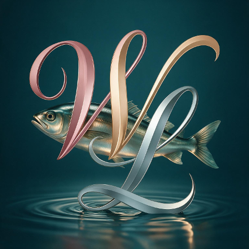 Logo von Rutenzeit: das verschlungene Monogramm WL, dahinter ein Fisch